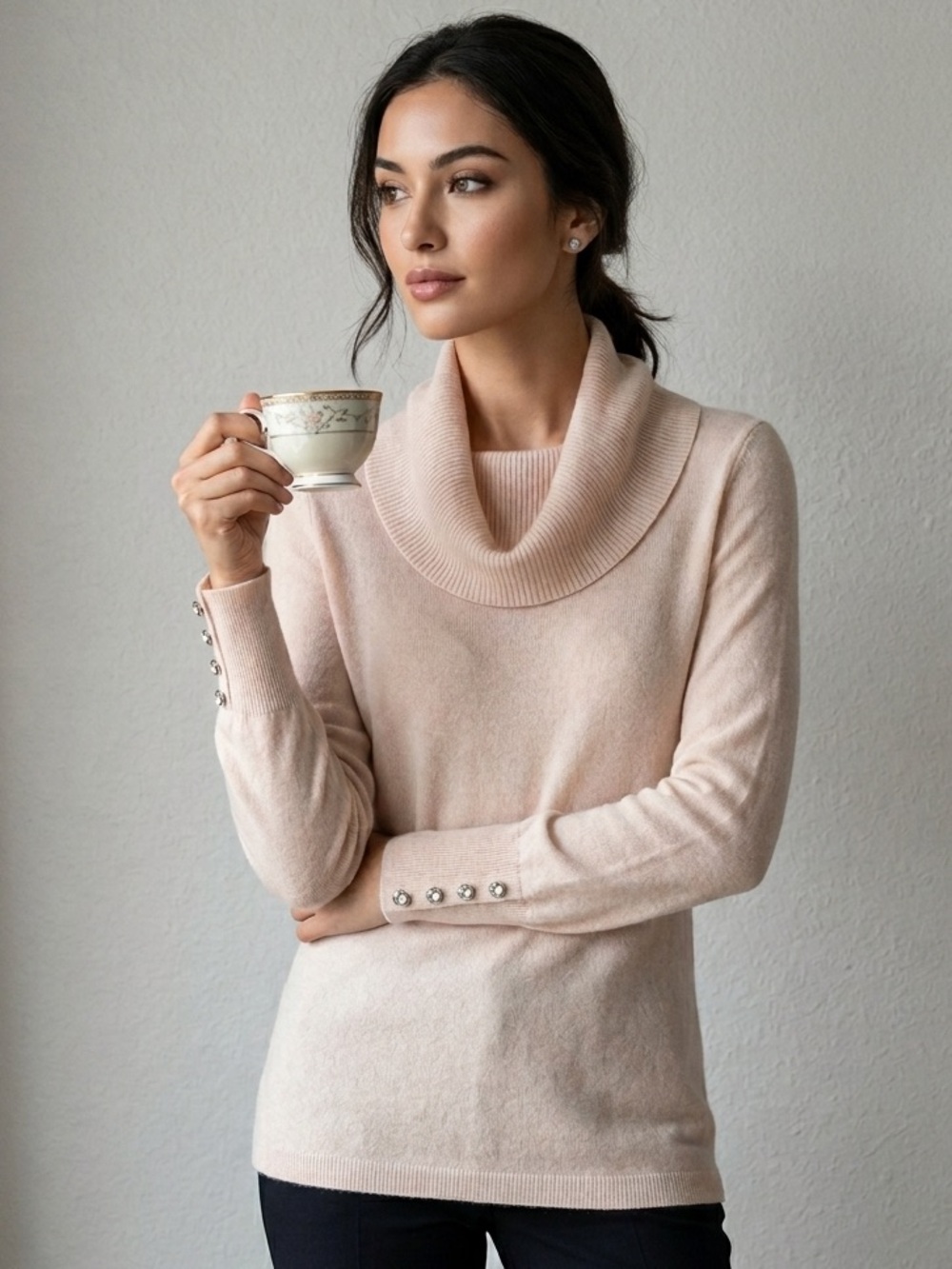 Luxury Cashmere Silk Cowl Neck Sweater Rhinestone Cuffs Blushing Pink S/M